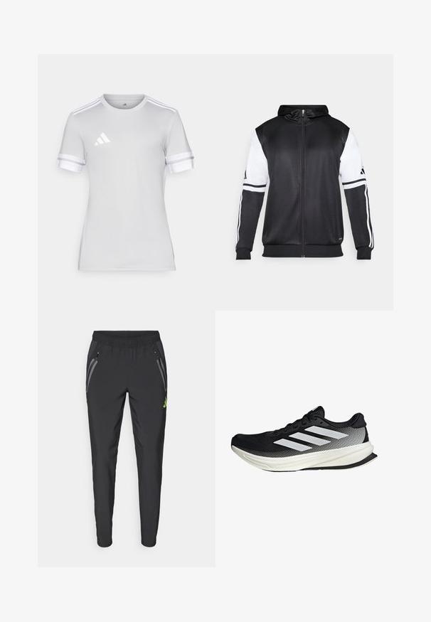 Czarna bluza z kapturem na zamek z białymi rękawami i trzema białymi paskami wzdłuż ramion. Wykonana z gładkiego, lekkiego materiału. Zawiera wzór bluzy z kapturem.; Koszulka sportowa z krótkim rękawem, jasnoszary materiał, okrągły dekolt, białe akcenty w postaci trzech pasków na rękawach, małe odblaskowe logo na klatce piersiowej.; adidas Performance REAL MADRID VISTECH czarny; Czarny but sportowy z siateczkowym wzorem, z białymi paskami, zaokrąglonym noskiem i teksturowaną podeszwą dla lepszej przyczepności i wsparcia.