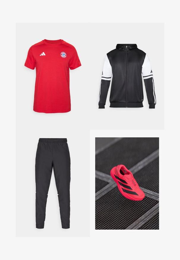 Črna zip-up kapuca z belimi rokavi in tremi belimi črtami ob rokavih. Narejena iz gladkega, lahkega materiala. Oblikovanje kapuce vključeno.; Rdeča bombažna majica s kratkimi rokavi, krožnim izrezom, belim adidasovim logotipom in grbom FC Bayerna München na prsih.; Črne atletske hlače z elastičnim pasom, ožjimi nogami in belimi stranskimi poudarki. Narejene so iz sintetičnega materiala z gladko teksturo.; Svetlo roza tekaški čevelj z črnimi črtami, izdelan iz lahkega mrežastega materiala, z teksturirano podplatno in vezalnim dizajnom.