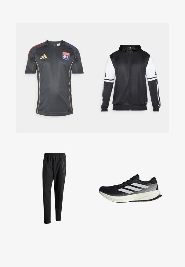 Sort zip-up hættetrøje med hvide ærmer og tre hvide striber langs armene. Lavet af et glat, letvægtsstof. Designet til hættetrøjen er inkluderet.; Sort atletisk trøje med korte ærmer, prydet med guld accenter og et teamlogo. Lavet af glat, fugttransporterende materiale.; Sorte atletiske bukser med elastisk talje, to lynlåslommer på siden, tætsiddende ben og en diskret logo-detalje på hoften.; Sort atletisk sko med mesh-design, der har hvide striber, en rund tå og en tekstureret sål for greb og støtte.