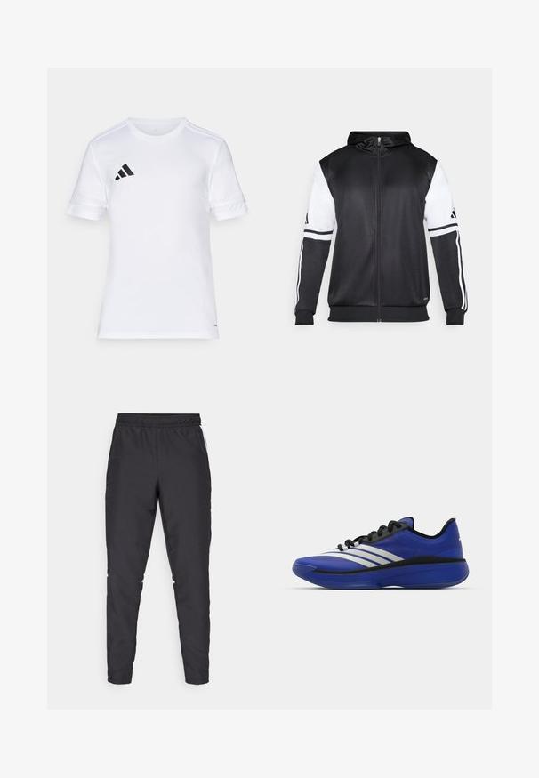 Czarna bluza z kapturem na zamek z białymi rękawami i trzema białymi paskami wzdłuż ramion. Wykonana z gładkiego, lekkiego materiału. Zawiera wzór bluzy z kapturem.; Biała koszulka sportowa z krótkim rękawem z czarnym wzorem trzech pasków na ramionach i logo na lewej piersi. Gładki, lekki materiał.; Czarne spodnie sportowe z elastycznym mankietem, zwężanymi nogawkami i białymi akcentami po bokach. Wykonane z materiału syntetycznego o gładkiej fakturze.; adidas Performance ADIZERO SELECT 3.0 niebieski