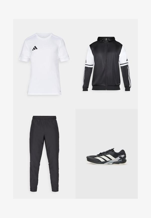 Črna zip-up kapuca z belimi rokavi in tremi belimi črtami ob rokavih. Narejena iz gladkega, lahkega materiala. Oblikovanje kapuce vključeno.; Bela športna majica s kratkimi rokavi z črnim tričrtastim vzorcem na ramenih in logotipom na levem prsnem delu. Gladek, lahkoten material.; Črne atletske hlače z elastičnim pasom, ožjimi nogami in belimi stranskimi poudarki. Narejene so iz sintetičnega materiala z gladko teksturo.; Črne atletske čevlje z belimi črtami, mrežastim zgornjim delom, zaobljenim nosom in blaženim podplatom. Imajo teksturiran petni del in varen sistem vezalk.