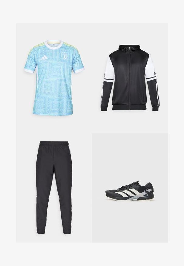 Mustapohjainen vetsaritakki, jossa on valkoiset hihnat ja kolme valkoista raitaa hihassa. Valmistettu sileästä, kevyestä kankaasta. Mukana hupparisuunnittelu.; Vaaleansininen paita, jossa on abstrakteja pyörteisiä kuvioita, valkoisia yksityiskohtia ja kolme keltaista raitaa olkapäillä. Sisältää Adidas-logon ja Juventuksen tunnuksen.; Mustat urheiluhousut, joissa on joustava vyötärö, kapenevat lahkeet ja valkoiset sivuakkentit. Valmistettu synteettisestä materiaalista, jossa on sileä tekstuuri.; Mustat urheilukengät valkoisilla raidoilla, verkkomateriaalia ylhäällä, pyöristetty kärki ja pehmustettu pohja. Varustettu teksturoidulla kantapäällä ja turvallisella nauhoitusjärjestelmällä.