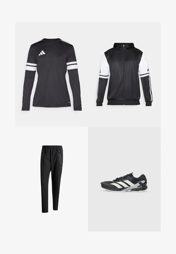 Svart hettegenser med glidelås som har hvite ermer og tre hvite striper langs armene. Laget av et glatt, lett stoff. Designet inkluderer hettegenseren.; Langermet svart treningsskjorte med hvite tre-stripes detaljer på ermene og en hvit logo på brystet. Laget av mykt og pustende stoff.; Svarte treningsbukser med elastisk liv, to glidelåslommer på sidene, avsmalnende ben og en subtil logo detalj ved hoften.; Svart treningssko med hvite striper, mesh-overdel, avrundet tå og polstret såle. Har en teksturert hæl og et sikkert snøresystem.
