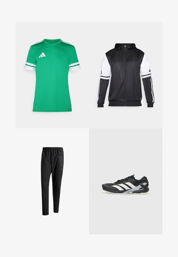 Must eltavõttega must kapuutsiga sviiter, millel on valged varrukad ja kolm valget triipu mööda käsi. Valmistatud siledast ja kergest kangast. Kapuutsi disain on kaasatud.; Roheline sportlik särk, mis on valmistatud siledast kangast, valgete triipudega varrukatel ja ülemisel vasakul nurgas kolmnurkne valge logo.; Mustavad spordipüksid elastse vöökoha, kahe tõmblukuga küljetasku, kitsenevate säärete ning õrna logodetailiga puusadel.; Mustad sportlik jalanõud mustade värvidega, valgete triipudega, võrgusilma pealmine osa, ümar varvas ja pehme tallaga. Omab tekstureeritud kontsa ja kindlat paeltesüsteemi.