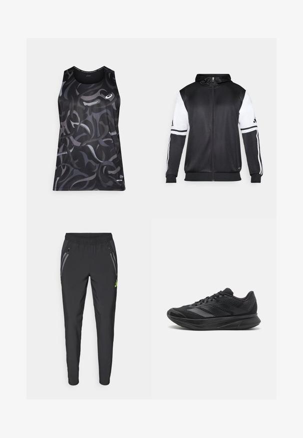 Black zip-up hoodie featuring white sleeves and three white stripes along the arms. Made from a smooth, lightweight fabric. Hoodie design included.; Black athletic tank top with swirling grey and dark patterns. Features a round neckline and a small logo on the front left. Smooth texture.; adidas Performance REAL MADRID TIRO25 PRO VIS TECH TRAVEL PANT - Club wear - black/lucid lemon; Black athletic shoe with mesh and synthetic materials, streamlined design, curved sole, and textured detailing on the upper.