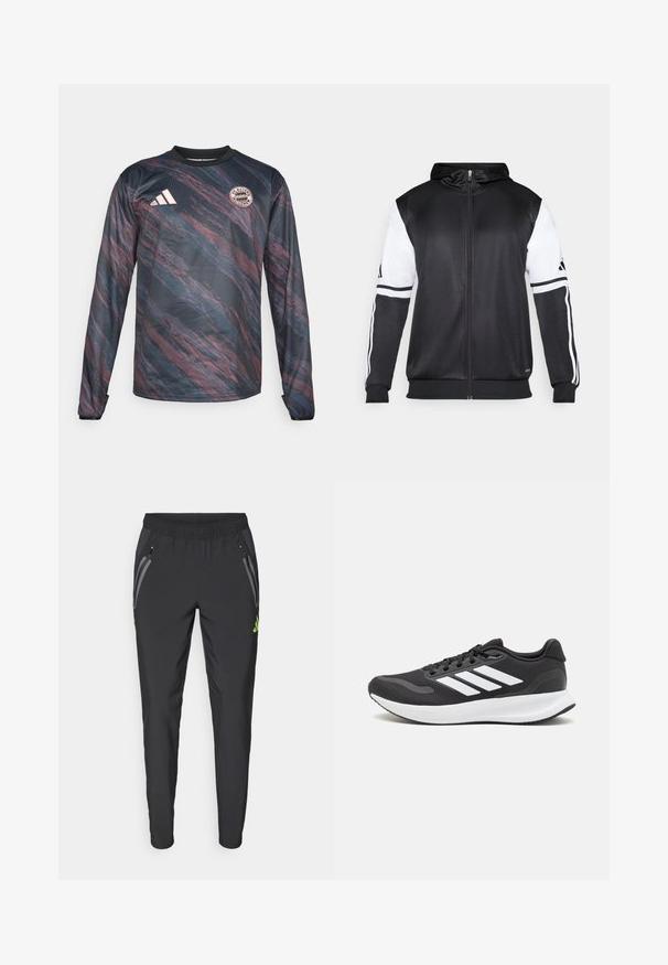 Črna zip-up kapuca z belimi rokavi in tremi belimi črtami ob rokavih. Narejena iz gladkega, lahkega materiala. Oblikovanje kapuce vključeno.; Dolgi rokavi dresa v temno modri in maroon barvi z teksturiranim, valovitim vzorcem. Ima črn ovratnik in logo FC Bayern München na prsih.; adidas Performance REAL MADRID TIRO25 PRO VIS TECH TRAVEL PANT - Klubska moštva - black/lucid lemon; Črne športne čevlje z zračnim mrežastim zgornjim delom, belimi akcenti in oblazinjeno podplatom. Imajo tri črte logo na strani.