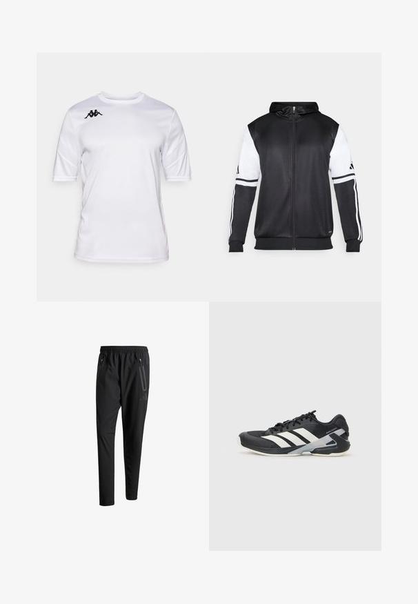 Crna dukserica s patentnim zatvaračem koja ima bijele rukave i tri bijele pruge duž ruku. Napravljena od glatkog, laganog materijala. Uključeni dizajn kapuljače.; Bijela sportska majica kratkih rukava s okruglim izrezom i crnim Kappa logotipom na desnom ramenu.; Crne atletske hlače s elastičnim pojasom, dva bočna džepa sa zatvaračem, suženi nogavici i diskretnim logotipom na kuku.; Crne atletske cipele s bijelim prugama, mrežasta gornja strana, zaobljeni prst i podstavljeni đon. Imaju teksturiranu petu i siguran sustav vezivanja.