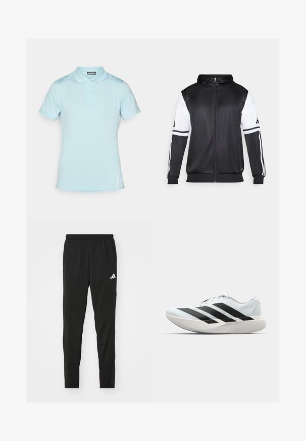 Fekete zipzáras kapucnis pulóver, fehér ujjakkal és három fehér csíkkal a karokon. Simább, könnyű anyagból készült. A kapucnis pulóver dizájnja is benne van.; Világoskék pólóing sima anyagból, klasszikus gallérral, három gombos záródással és rövid ujjakkal, diszkrét oldalsó díszítéssel.; Fekete sportnadrág elasztikus derékkal, tapered szabással és fehér Adidas logóval a bal combon. Simma, könnyű anyag.; Világoskék, fekete csíkos könnyű futószerek. Simább felső résszel, kerek orral és vastag fehér középtalppal, amelyen a "LIGHTSTRIKE PRO" felirat olvasható.