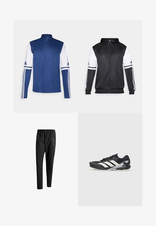 Black zip-up hoodie featuring white sleeves and three white stripes along the arms. Made from a smooth, lightweight fabric. Hoodie design included.; Blue athletic pullover with a quarter-zip collar, long white sleeves featuring navy accents, and three white stripes on each sleeve.; Black athletic pants with an elastic waistband, two zippered side pockets, tapered legs, and a subtle logo detail on the hip.; Black athletic shoe with white stripes, mesh upper, rounded toe, and cushioned sole. Features a textured heel and secure lacing system.