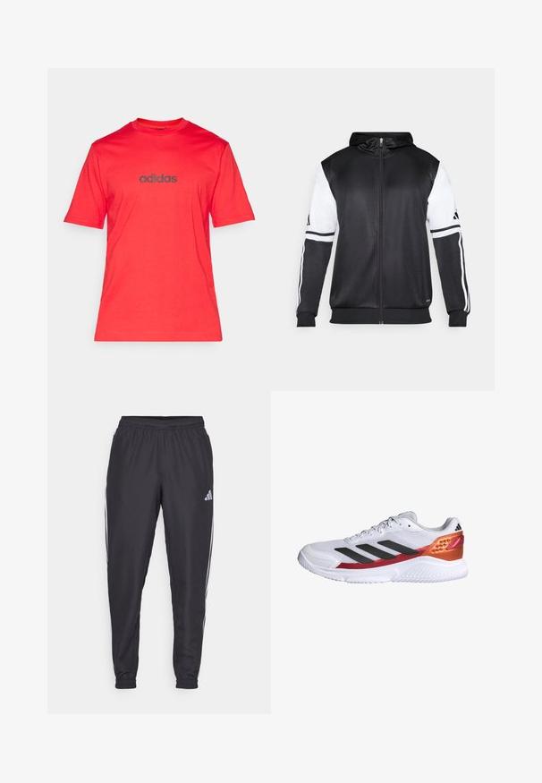 Černá mikina na zip s bílými rukávy a třemi bílými pruhy podél ramen. Vyrobena z hladkého, lehkého materiálu. Design mikiny je zahrnut.; Červené bavlněné tričko s krátkými rukávy a kulatým výstřihem, se tmavě šedým logem "adidas" tištěným na hrudi.; Černé sportovní kalhoty s elastickým pasem, se zlomenými bílými pruhy po stranách a malým logem na bocích. Hladká textura.; Bílá sportovní bota s černými pruhy, texturovaným síťovaným svrškem, červenooranžovým akcentem na patě a bílou gumovou podrážkou.