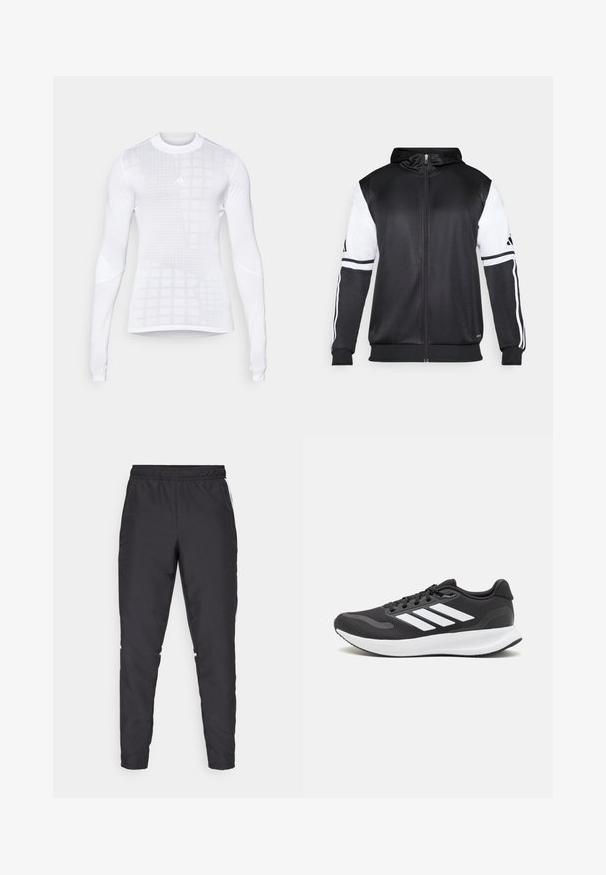 Schwarze Zip-Hoodie mit weißen Ärmeln und drei weißen Streifen entlang der Arme. Hergestellt aus einem glatten, leichten Stoff. Hoodie-Design enthalten.; Langarm-Sportshirt in Weiß mit einem Karomuster und strukturierten Akzenten. Hergestellt aus glattem, elastischem Stoff mit einer taillierten Passform.; Schwarze Sporthose mit elastischem Bund, schmal zulaufenden Beinen und weißen Seitenelementen. Hergestellt aus synthetischem Material mit glatter Textur.; Schwarzer Sportschuh mit atmungsaktivem Mesh-Obermaterial, weißen Akzenten und einer gepolsterten Sohle. Mit drei Streifen-Logo an der Seite.