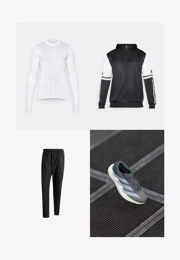 Svart hettegenser med glidelås som har hvite ermer og tre hvite striper langs armene. Laget av et glatt, lett stoff. Designet inkluderer hettegenseren.; Langermet idretts skjorte i hvitt, med et rutemønster og teksturerte detaljer. Laget av glatt, elastisk stoff med en tettsittende design.; Svarte treningsbukser med elastisk liv, to glidelåslommer på sidene, avsmalnende ben og en subtil logo detalj ved hoften.; Sportsko leketøy i grått og hvitt, laget av syntetisk materiale, med et strømlinjeformet design, teksturert overflate og fremtredende snøresystem.