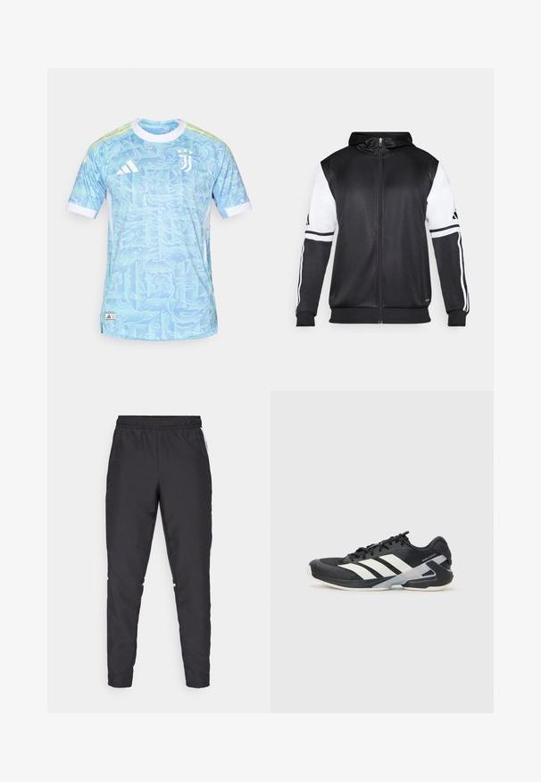 Sweatshirt preto com fecho, apresentando mangas brancas e três riscas brancas ao longo dos braços. Feito de um tecido suave e leve. Design do capuz incluído.; Camisola atlética azul com um padrão em espiral, mangas curtas e detalhes em branco. Apresenta o logótipo da Adidas e o emblema da Juventus na parte da frente.; Calças atléticas pretas com um cós elástico, pernas ajustadas e acentos brancos nas laterais. Feitas de material sintético com uma textura suave.; Sapata atlética preta com riscas brancas, parte superior em malha, biqueira arredondada e sola acolchoada. Apresenta um calcanhar texturizado e um sistema de atacadores seguro.