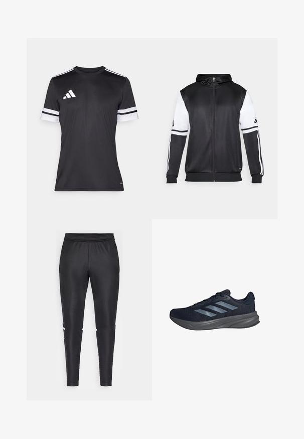 Čierna mikina s kapucňou na zips s bielymi rukávmi a tromi bielymi pruhmi pozdĺž rúk. Vyrobená z hladkej, ľahkej tkaniny. Design mikiny je zahrnutý.; Čierne atletické tričko s krátkymi rukávmi. Obsahuje biele pruhy na rukávoch a biele trojprúžkové logo na ľavom pleci. Vyrobené z hladkého materiálu.; Čierne športové nohavice vyrobené z hladkého materiálu, s priliehavým strihom, elastickým pásom a bielymi akcentnými pruhmi po stranách.; Námořnické běžecké boty s šedou síťovinou, třemi paralelními pruhy, polstrovaným límcem a texturovanou gumovou podrážkou pro lepší trakci.