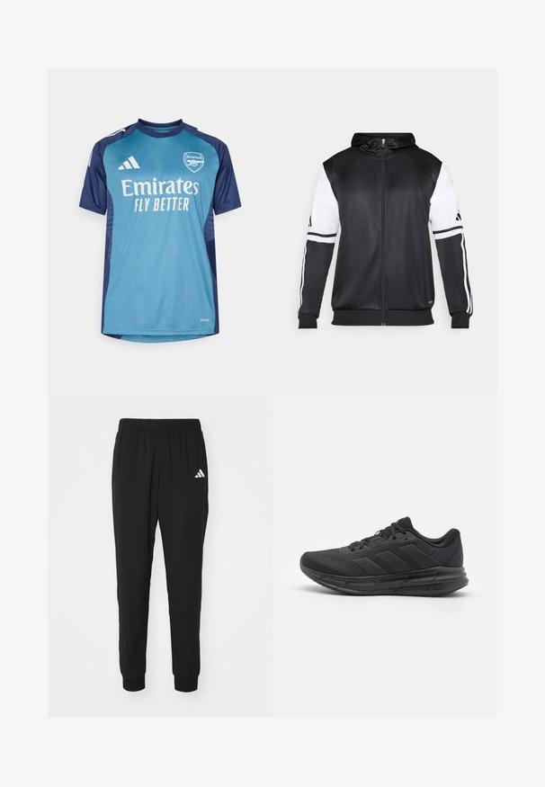 Schwarze Zip-Hoodie mit weißen Ärmeln und drei weißen Streifen entlang der Arme. Hergestellt aus einem glatten, leichten Stoff. Hoodie-Design enthalten.; Torwart-Trikot in Teal und Marineblau, aus atmungsaktivem Material. Mit den Logos von "Emirates" und "Arsenal", kurzen Ärmeln und kontrastierenden Schulterakzenten.; Schwarze Sporthosen mit elastischem Bund, Bündchen an den Knöcheln und weißem Adidas-Logo am linken Oberschenkel. Hergestellt aus leichtem, glattem Stoff.; Schwarzer Sportschuh mit einem Obermaterial aus Mesh, Gummisohle, strukturiertem Design und drei Streifen an der Seite. Schaumstoffpolsterung für Komfort.