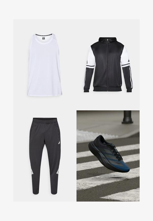 Schwarze Zip-Hoodie mit weißen Ärmeln und drei weißen Streifen entlang der Arme. Hergestellt aus einem glatten, leichten Stoff. Hoodie-Design enthalten.; Weißes sportliches Tanktop aus strukturiertem Stoff, mit rundem Ausschnitt, weiten Armausschnitten und Knopfdetail an der Schulter.; Schwarze Sporthose mit zulaufenden Beinen, elastischem Bund, Seitentaschen und weißen Logo- und Streifendetails. Hergestellt aus einem glatten, leichten Material.; Schwarz-blauer Sportschuh mit stromlinienförmigem Design, ausgestattet mit einer strukturierten Oberseite, kontrastierenden Streifen und einer gepolsterten Sohle, schwebt über dem Pflaster.