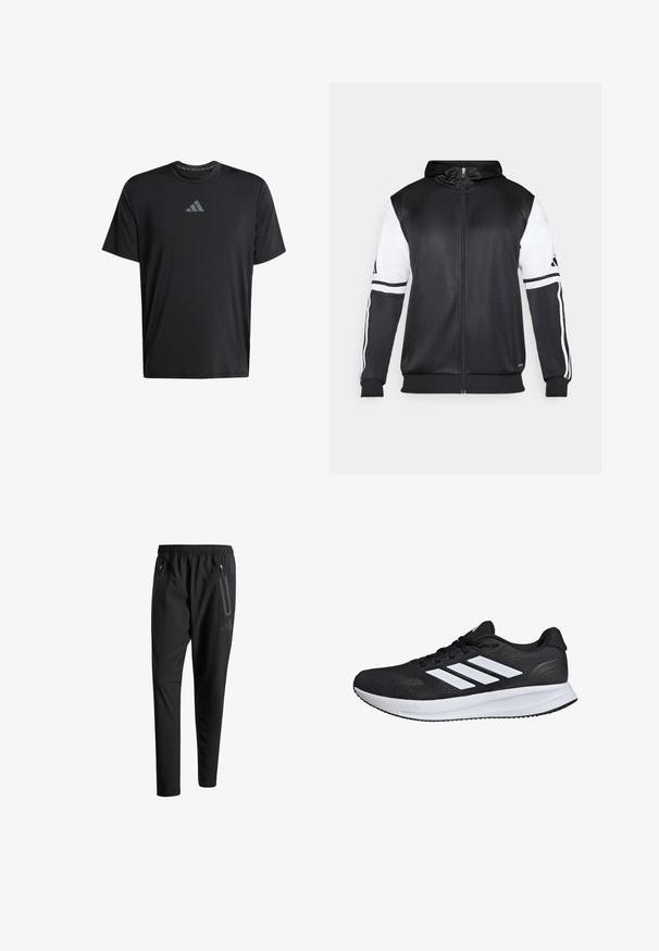 Black zip-up hoodie featuring white sleeves and three white stripes along the arms. Made from a smooth, lightweight fabric. Hoodie design included.; Black short-sleeve athletic t-shirt made of lightweight fabric, featuring a crew neck and gray Adidas logo on the chest.; Black athletic pants with an elastic waistband, two zippered side pockets, tapered legs, and a subtle logo detail on the hip.; Black athletic shoe with white stripes, mesh upper, cushioned sole, and textured accents. Features a lace-up design and brand logo on the tongue.