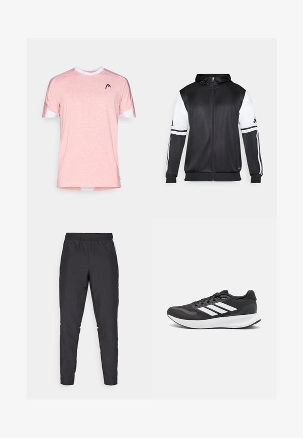 Sweatshirt preto com fecho, apresentando mangas brancas e três riscas brancas ao longo dos braços. Feito de um tecido suave e leve. Design do capuz incluído.; Camisa de T-shirt de manga curta em rosa claro, feita de um tecido texturizado. Apresenta uma gola redonda branca e um logotipo preto no peito.; Calças atléticas pretas com um cós elástico, pernas ajustadas e acentos brancos nas laterais. Feitas de material sintético com uma textura suave.; Shoe de atletismo preto com parte superior em malha respirável, detalhes brancos e sola almofadada. Apresenta o logotipo das três riscas na lateral.