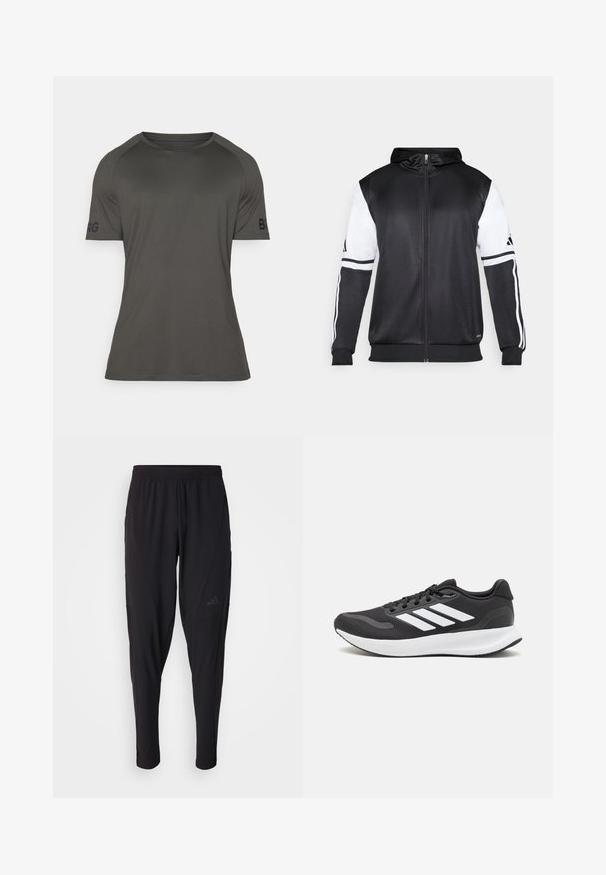 Sweatshirt preto com fecho, apresentando mangas brancas e três riscas brancas ao longo dos braços. Feito de um tecido suave e leve. Design do capuz incluído.; T-shirt desportivo cinza escuro com mangas curtas, decote redondo, tecido suave e detalhe de logo na manga esquerda. Design leve e ajustado.; Calças atléticas pretas com um cós elástico, design afunilado, bolsos laterais e detalhe discreto do logótipo. Feitas de um tecido flexível e respirável.; Shoe de atletismo preto com parte superior em malha respirável, detalhes brancos e sola almofadada. Apresenta o logotipo das três riscas na lateral.