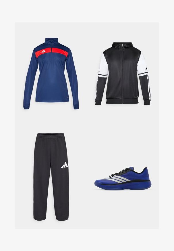 Mustapohjainen vetsaritakki, jossa on valkoiset hihnat ja kolme valkoista raitaa hihassa. Valmistettu sileästä, kevyestä kankaasta. Mukana hupparisuunnittelu.; Tummansininen urheilupusero, jossa on punainen paneeli hartioiden yli, puolivetoketju kaulassa, pitkät hihat ja logo vasemmalla puolella.; Mustat verkkarit, joissa on rento leikkaus, elastinen vyötärö ja valkoinen geometrinen logo vasemmassa lahkeessa. Sileä kangas.; adidas Performance ADIZERO SELECT 3.0 - Koripallokengät - lucid blue/core black/metallic