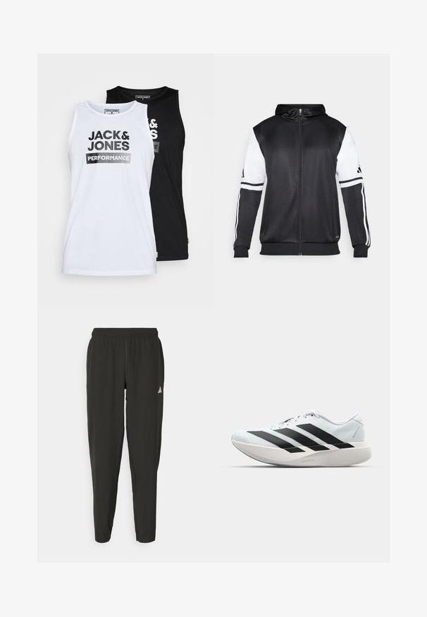 Mustapohjainen vetsaritakki, jossa on valkoiset hihnat ja kolme valkoista raitaa hihassa. Valmistettu sileästä, kevyestä kankaasta. Mukana hupparisuunnittelu.; Kaksi hihattomia toppia, valkoinen ja musta. Kangas on sileää puuvillaa. Edessä on ”JACK & JONES PERFORMANCE” rohkealla mustalla tekstillä.; Mustat urheiluhousut, joissa on joustava vyötärö, slim fit -malli ja valkoinen logo vasemmassa lahkeessa. Sileä, kevyt kangas.; Kevyt juoksukengät vaaleansinisinä mustilla raidoilla. Ominaisuuksiin kuuluu sileä pinta, pyöreä kärki ja paksu valkoinen välipohja, joka on merkitty "LIGHTSTRIKE PRO".