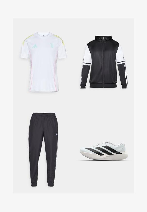 Felpa nera con zip, caratterizzata da maniche bianche e tre strisce bianche lungo le braccia. Realizzata in un tessuto liscio e leggero. Design della felpa incluso.; Maglia bianca a maniche corte, con strisce azzurre e gialle sulle spalle, cuciture laterali rosa e logo della Juventus.; Pantaloni sportivi neri con cintura elastica, dotati di strisce bianche lungo i lati e un piccolo logo sull'anca. Tessuto liscio.; Scarpe da corsa leggere di colore azzurro pallido con strisce nere. Presentano una tomaia liscia, punta rotonda e un'ampia intersuola bianca etichettata "LIGHTSTRIKE PRO."