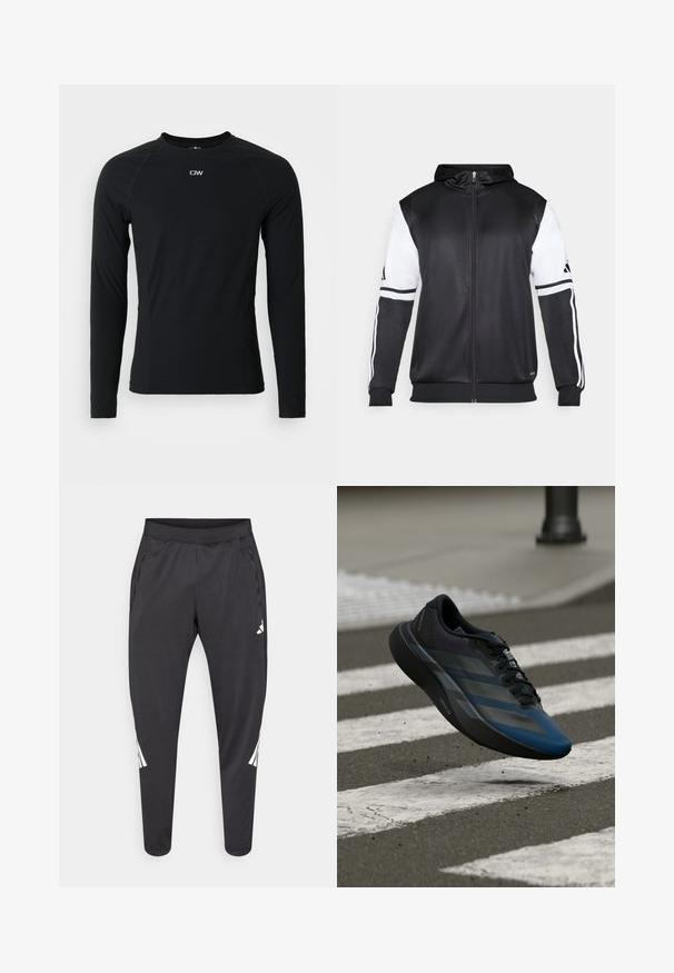 Svart hettegenser med glidelås som har hvite ermer og tre hvite striper langs armene. Laget av et glatt, lett stoff. Designet inkluderer hettegenseren.; Svart langermet treningsskjorte laget av elastisk stoff, har rund hals og flate sømmer. Liten logo på øvre bryst.; Svarte treningsbukser med smalere ben, elastisk midjebånd, sidelommer og hvite logo- og stripedetaljer. Laget av et mykt, lett materiale.; Svart og blå atletisk sko med en strømlinjeformet utforming, som har en teksturert overdel, kontrasterende striper og en polstret såle, svevende over fortauet.