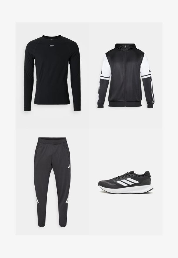 Fekete zipzáras kapucnis pulóver, fehér ujjakkal és három fehér csíkkal a karokon. Simább, könnyű anyagból készült. A kapucnis pulóver dizájnja is benne van.; Fekete, hosszú ujjú sportpóló, rugalmas anyagból készült, kerek nyakkal és sima varrásokkal. Kis logó a mellkas felső részén.; Fekete sportnadrág karcsúsított szárakkal, rugalmas derékrésszel, oldalzsebekkel, valamint fehér logóval és csíkozással. Sima, könnyű anyagból készült.; Fekete sportcipő légáteresztő hálós felsőrésszel, fehér kiegészítőkkel és párnázott talppal. Az oldalon három csíkkal ellátott logó található.