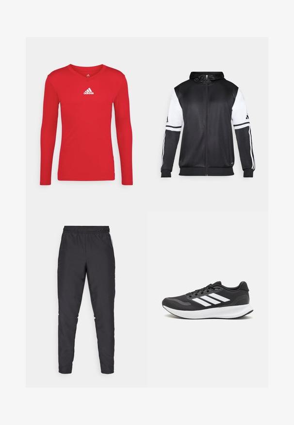 Hoodie zippé noir avec des manches blanches et trois bandes blanches le long des bras. Fabriqué en tissu lisse et léger. Design de hoodie inclus.; Chemise rouge à manches longues en tissu lisse avec un col en V. Présente un logo Adidas blanc sur la poitrine.; Pantalons de sport noirs avec une taille élastique, des jambes fuselées et des accents blancs sur les côtés. Fabriqués à partir de matériau synthétique avec une texture lisse.; Baskets de sport noires avec tige en mesh respirant, accents blancs et semelle rembourrée. Présente le logo à trois bandes sur le côté.
