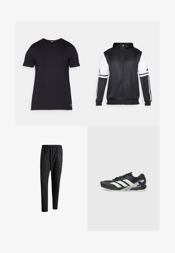 Sweatshirt preto com fecho, apresentando mangas brancas e três riscas brancas ao longo dos braços. Feito de um tecido suave e leve. Design do capuz incluído.; T-shirt preto de manga curta feito de um tecido de algodão suave, com decote redondo e uma pequena etiqueta de logotipo perto da bainha.; Calças de treino pretas com uma cintura elástica, dois bolsos laterais com fecho, pernas ajustadas e um discreto detalhe de logotipo no quadril.; Sapata atlética preta com riscas brancas, parte superior em malha, biqueira arredondada e sola acolchoada. Apresenta um calcanhar texturizado e um sistema de atacadores seguro.