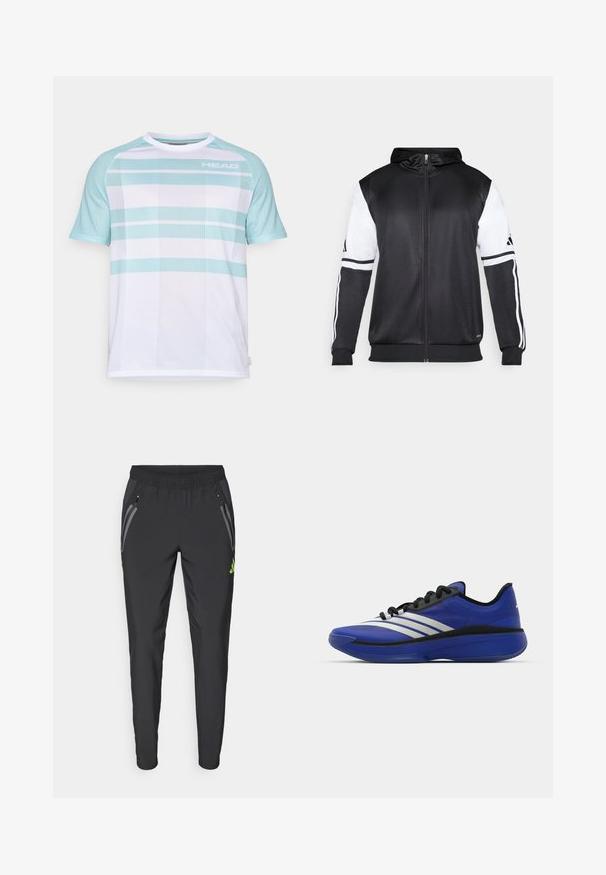 Juodas džinsinis užtrauktukas su baltais rankovėmis ir trimis baltais dryžiais ant rankų. Pagamintas iš lygaus, lengvo audinio. Džinsinio dizainas įtrauktas.; Balta sportinė marškinė su šviesiai mėlynomis detalėmis ir dryžuota tinklinė tekstūra. Logo "HEAD" matomas kairėje viršutinėje pusėje. Apvalus kaklas ir trumpomis rankovėmis.; adidas Performance REAL MADRID TIRO25 PRO VIS TECH TRAVEL PANT - Sporto klubų atributika - black/lucid lemon; adidas Performance ADIZERO SELECT 3.0 - Krepšinio batai - lucid blue/core black/metallic