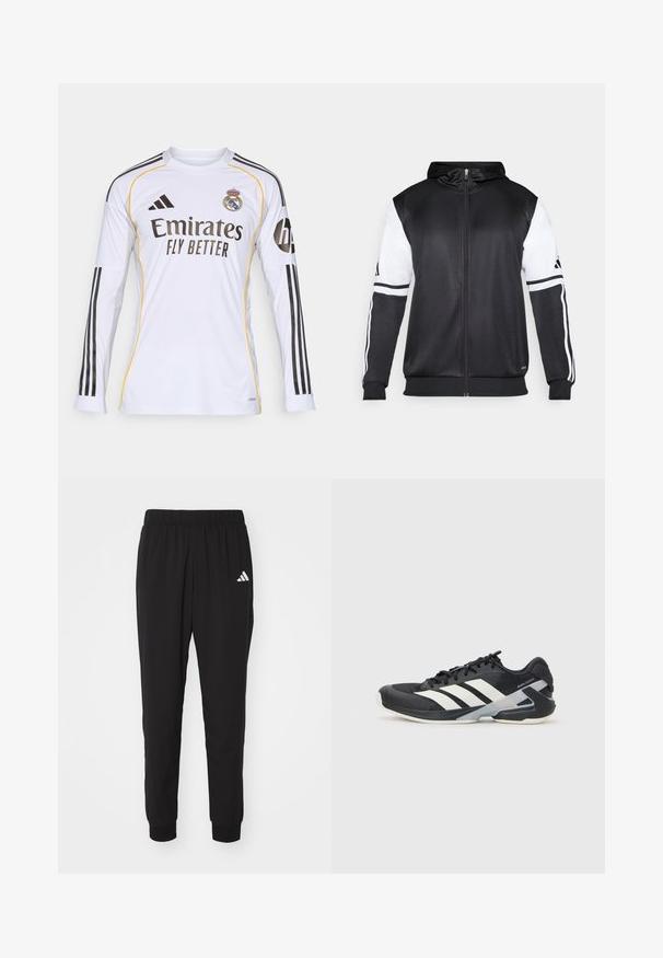 Mustapohjainen vetsaritakki, jossa on valkoiset hihnat ja kolme valkoista raitaa hihassa. Valmistettu sileästä, kevyestä kankaasta. Mukana hupparisuunnittelu.; Valkea pitkähihainen paita mustilla ja keltaisilla yksityiskohdilla, jossa on "Emirates Fly Better" -logo ja Real Madridin vaakuna, valmistettu kevyestä synteettisestä materiaalista.; Mustat urheiluhousut, joissa on joustava vyötärö, lahkeet pidennetyt ja valkoinen Adidas-logo vasemmassa reidessä. Valmistettu kevyestä ja sileästä kankaasta.; Mustat urheilukengät valkoisilla raidoilla, verkkomateriaalia ylhäällä, pyöristetty kärki ja pehmustettu pohja. Varustettu teksturoidulla kantapäällä ja turvallisella nauhoitusjärjestelmällä.