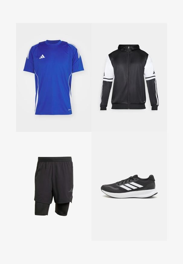 Must eltavõttega must kapuutsiga sviiter, millel on valged varrukad ja kolm valget triipu mööda käsi. Valmistatud siledast ja kergest kangast. Kapuutsi disain on kaasatud.; Sinine spordit-särk, mis on valmistatud kergest kangast, valgete aktsentidega õlgadel ja külgedel, rinnal on väike logo.; Mustavad sportlikud lühikesed püksid integreeritud sisekihiga, valmistatud hingavast kangast. Omab diskreetset logo ja struktureeritud tekstuuri. Reguleeritav vöökoht.; Mustmust valmistatud õhulise võrgu ülemise osa, valgete aktsentidega ja pehme tallaga must sportlik king. Küljel on kolm triipu kujutav logo.