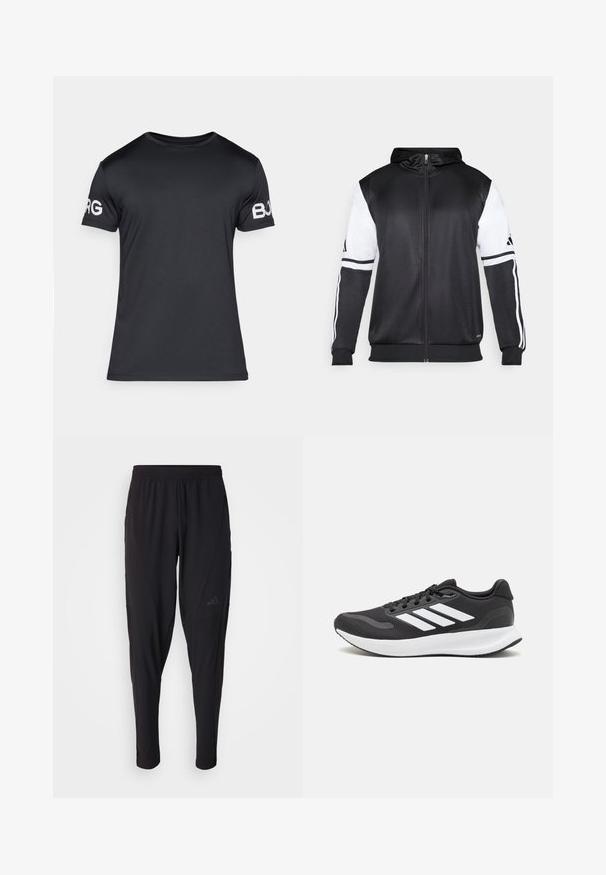 Sweatshirt preto com fecho, apresentando mangas brancas e três riscas brancas ao longo dos braços. Feito de um tecido suave e leve. Design do capuz incluído.; T-shirt preta de manga curta, feita de tecido suave. Apresenta um decote redondo e o texto branco "BORG" na manga esquerda. Design simples e ajustado.; Calças atléticas pretas com um cós elástico, design afunilado, bolsos laterais e detalhe discreto do logótipo. Feitas de um tecido flexível e respirável.; Shoe de atletismo preto com parte superior em malha respirável, detalhes brancos e sola almofadada. Apresenta o logotipo das três riscas na lateral.