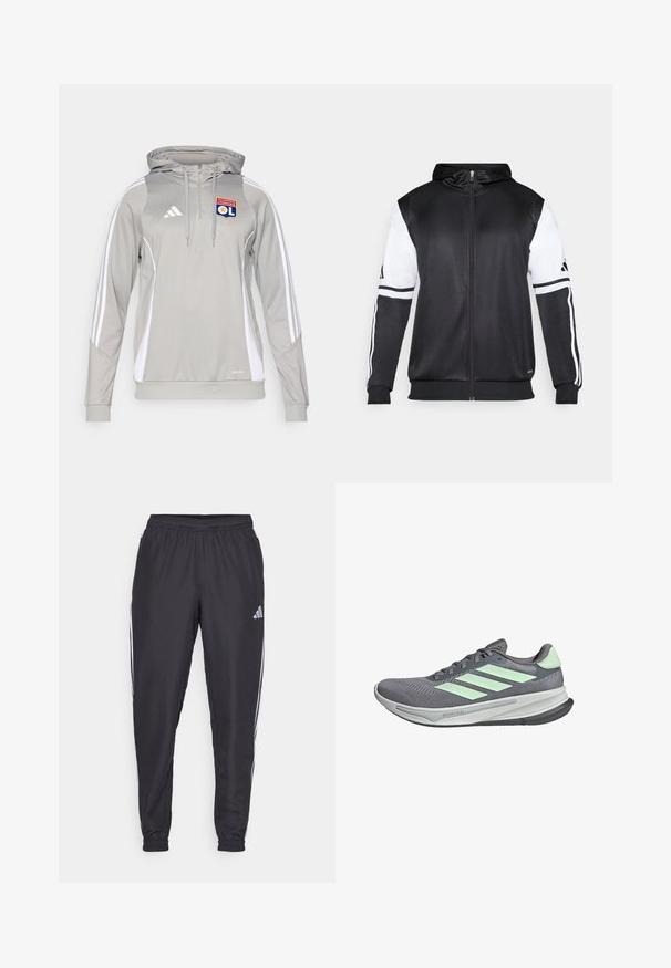 Svart zip-up hoodie med vita ärmar och tre vita ränder längs armarna. Tillverkad av ett mjukt och lätt tyg. Design av hoodie ingår.; Grå atletisk hoodie med vita sidopaneler och tre vita ränder på ärmarna. Har en frontdragkedja, huva med snörning och broderad logotyp.; Svarta träningsbyxor med elastisk midja, med vita ränder längs sidorna och en liten logotyp på höften. Slät textur.; adidas Performance SUPERNOVA - Löparskor terräng - grey three semi green spark dash grey