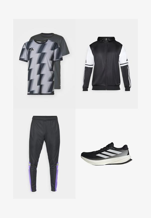 Čierna mikina s kapucňou na zips s bielymi rukávmi a tromi bielymi pruhmi pozdĺž rúk. Vyrobená z hladkej, ľahkej tkaniny. Design mikiny je zahrnutý.; Dvoje tričiek s krátkym rukávom: jedny šedé s jemnou textúrou, druhé s čierno-bielym cik-cakovým vzorom, obe s okrúhlym výstrihom.; adidas Performance SQUADRA25 TRAINING PANT - Tepláky - black/purple rush; Čierna atletická topánka s dizajnom z mriežky, s bielymi prúžkami, zaoblenou špičkou a textúrovanou podrážkou pre lepšiu priľnavosť a podporu.