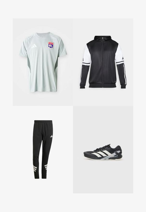 Črna zip-up kapuca z belimi rokavi in tremi belimi črtami ob rokavih. Narejena iz gladkega, lahkega materiala. Oblikovanje kapuce vključeno.; Svetlo siva kratkoročna nogometna majica s krojačkim ovratnikom, Adidas logotipom in značko Olympique Lyonnais na sprednji strani, z teksturiranimi stranmi.; Črne športne hlače z elastiko v pasu, ki imajo odsevne bele poudarke v črtastem vzorcu na spodnjem delu nog. Narejene so iz gladkega materiala.; Črne atletske čevlje z belimi črtami, mrežastim zgornjim delom, zaobljenim nosom in blaženim podplatom. Imajo teksturiran petni del in varen sistem vezalk.