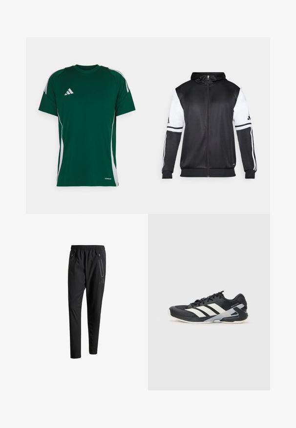 Svart hettegenser med glidelås som har hvite ermer og tre hvite striper langs armene. Laget av et glatt, lett stoff. Designet inkluderer hettegenseren.; Grønn atletisk t-skjorte med korte ermer, med hvite sidestriper og en brodert logo på venstre bryst. Laget av pustende stoff.; Svarte treningsbukser med elastisk liv, to glidelåslommer på sidene, avsmalnende ben og en subtil logo detalj ved hoften.; Svart treningssko med hvite striper, mesh-overdel, avrundet tå og polstret såle. Har en teksturert hæl og et sikkert snøresystem.