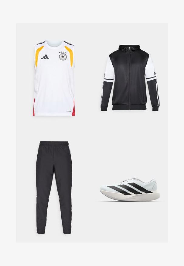 Zwarte zip-up hoodie met witte mouwen en drie witte strepen langs de armen. Gemaakt van een gladde, lichte stof. Inclusief ontwerp van de hoodie.; Wit mouwloos shirt met zwarte accenten, gele en rode zijpanelen, voorzien van een logo met daarboven vier sterren en een "Climacool" label.; Zwarte sportbroek met een elastische tailleband, taps toelopende benen en witte zijkanten. Gemaakt van synthetisch materiaal met een gladde textuur.; Lichte hardloopschoenen in lichtblauw met zwarte strepen. Beschikt over een soepele bovenkant, ronde neusstuk en dikke witte tussenzool met het label "LIGHTSTRIKE PRO."