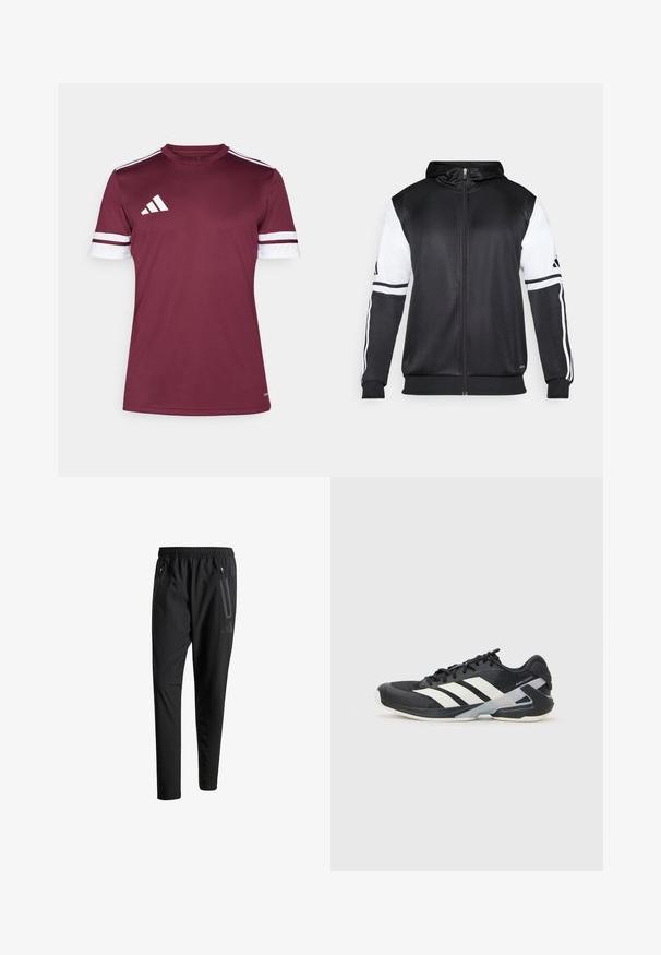 Črna zip-up kapuca z belimi rokavi in tremi belimi črtami ob rokavih. Narejena iz gladkega, lahkega materiala. Oblikovanje kapuce vključeno.; Burgundska atletska majica s kratkimi rokavi, z belimi črtami, okroglo ovratnikom in tremi belimi črtami na rami. Narejena iz gladkega materiala.; Črne športne hlače z elastičnim pasom, dvema žepoma na zadrgo ob strani, zoženimi hlačnicami in diskretnim logotipom na boku.; Črne atletske čevlje z belimi črtami, mrežastim zgornjim delom, zaobljenim nosom in blaženim podplatom. Imajo teksturiran petni del in varen sistem vezalk.