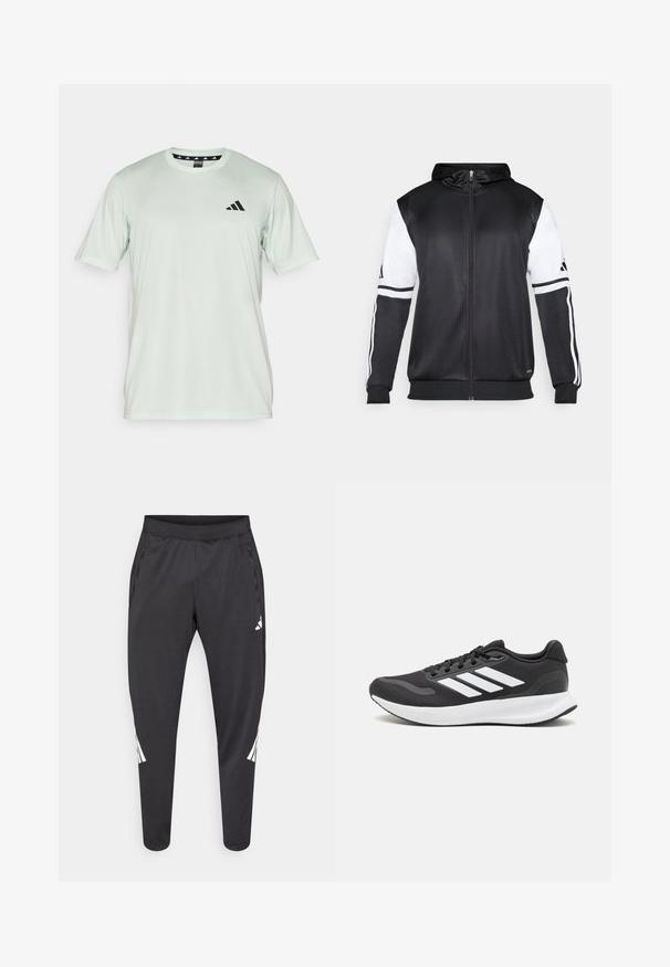 Must eltavõttega must kapuutsiga sviiter, millel on valged varrukad ja kolm valget triipu mööda käsi. Valmistatud siledast ja kergest kangast. Kapuutsi disain on kaasatud.; adidas Performance Spordi T-särk - linen green/black; Mustad spordipüksid kitsenevate säärtega, kummipaelaga vöökohal, küljetaskutega ning valge logoga ja triipudega. Valmistatud siledast, kerge kaaluga materjalist.; Mustmust valmistatud õhulise võrgu ülemise osa, valgete aktsentidega ja pehme tallaga must sportlik king. Küljel on kolm triipu kujutav logo.