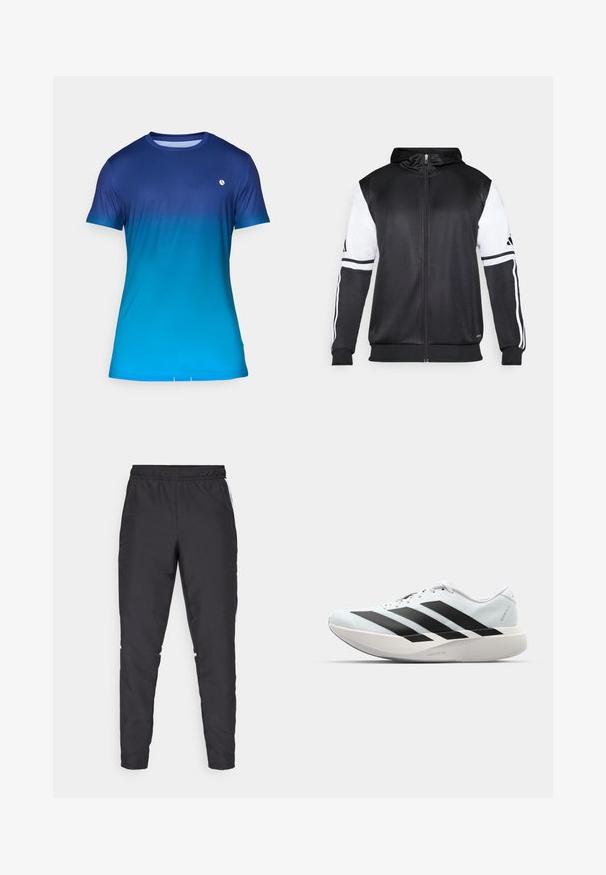 Svart hettegenser med glidelås som har hvite ermer og tre hvite striper langs armene. Laget av et glatt, lett stoff. Designet inkluderer hettegenseren.; Blå gradient t-skjorte med korte ermer, med en glatt tekstur, rund halslinning, og en liten logo på brystet.; Svarte treningsbukser med elastisk midje, avsmalnende ben og hvite sideakenter. Laget av syntetisk materiale med en glatt tekstur.; Lette løpesko i lys blå med svarte striper. Har en myk overdel, rund tå og tykk hvit mellomsole merket "LIGHTSTRIKE PRO."