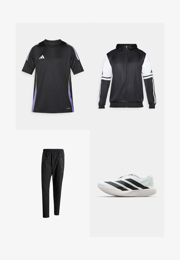 Must eltavõttega must kapuutsiga sviiter, millel on valged varrukad ja kolm valget triipu mööda käsi. Valmistatud siledast ja kergest kangast. Kapuutsi disain on kaasatud.; Musthave mustriimide ja lühiärkidega must sportlik särk, mille õlgadel on valged triibud, rohelised ja lillad aktsendid ning rinnal brodereritud logo.; Mustavad spordipüksid elastse vöökoha, kahe tõmblukuga küljetasku, kitsenevate säärete ning õrna logodetailiga puusadel.; Kerged jooksujalatsid helesinises värvuses mustade triipudega. Omavad siledat pealispinda, ümarat varvase osa ja paksu valget vahemõõtu, millel on silt "LIGHTSTRIKE PRO".