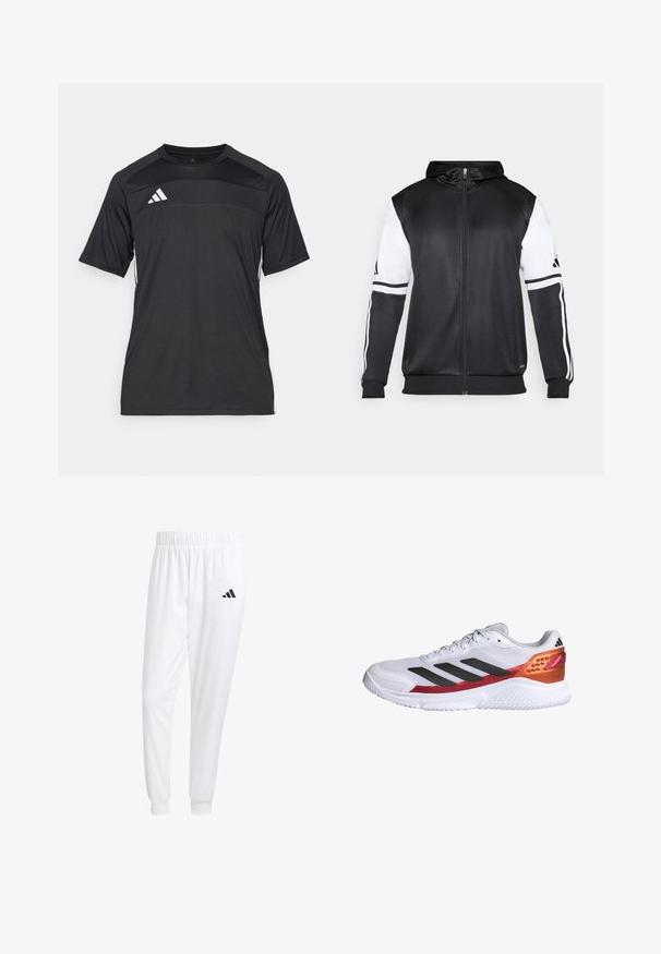 Sweatshirt preto com fecho, apresentando mangas brancas e três riscas brancas ao longo dos braços. Feito de um tecido suave e leve. Design do capuz incluído.; T-shirt atlético preto de mangas curtas, com um painel texturizado no peito e riscas brancas nas laterais. Logótipo da Adidas na frente.; Calças esportivas brancas feitas de tecido suave, com uma cintura elástica e punhos ajustados, apresentando um logo preto no bolso de trás.; Ténis desportivo branco com riscas pretas, parte superior em malha texturada, um detalhe vermelho e laranja no calcanhar e sola de borracha branca.