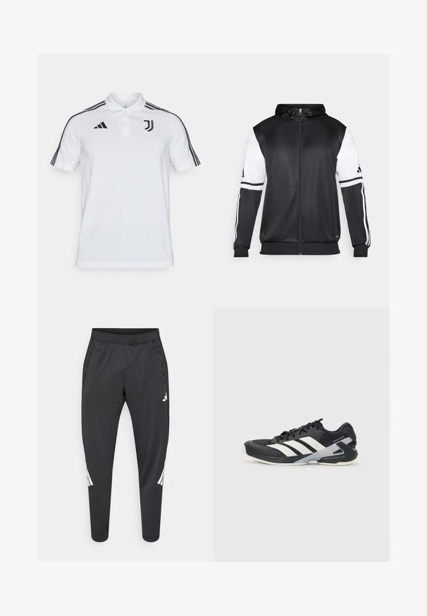 Sweatshirt preto com fecho, apresentando mangas brancas e três riscas brancas ao longo dos braços. Feito de um tecido suave e leve. Design do capuz incluído.; Camisa polo branca com três riscas pretas em cada ombro, logotipo preto da Adidas e emblema da Juventus no peito. Material em algodão.; Calças atléticas pretas com pernas afiladas, cintura elástica, bolsos laterais e detalhes em logo e riscas brancas. Confeccionadas em material liso e leve.; Sapata atlética preta com riscas brancas, parte superior em malha, biqueira arredondada e sola acolchoada. Apresenta um calcanhar texturizado e um sistema de atacadores seguro.