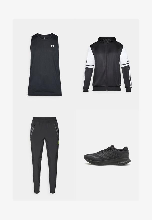 Crna dukserica s patentnim zatvaračem koja ima bijele rukave i tri bijele pruge duž ruku. Napravljena od glatkog, laganog materijala. Uključeni dizajn kapuljače.; Crna bežimena sportska majica napravljena od glatkog, prozračnog materijala. Ima okrugli izrez i bijeli logotip na prsima.; adidas Performance REAL MADRID TIRO25 PRO VIS TECH TRAVEL PANT - Klupska odjeća - black/lucid lemon; Crne atletske tenisice s mrežastim gornjim dijelom, glatkim tekstilnim detaljima, okruglim vrhom, ravnim vezicama i teksturiranim gumenim potplatom za bolje prianjanje.
