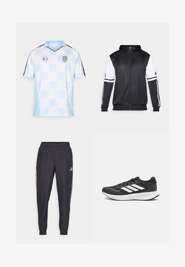 Sweatshirt preto com fecho, apresentando mangas brancas e três riscas brancas ao longo dos braços. Feito de um tecido suave e leve. Design do capuz incluído.; Camisa de futebol azul-claro e branca com decote em V, textura em malha, padrão quadriculado, logótipo da Champion e emblema de 'Clube de Futebol' no peito.; Calças atléticas pretas com um cós elástico, apresentando riscas brancas nas laterais e um pequeno logótipo no quadril. Textura suave.; Shoe de atletismo preto com parte superior em malha respirável, detalhes brancos e sola almofadada. Apresenta o logotipo das três riscas na lateral.
