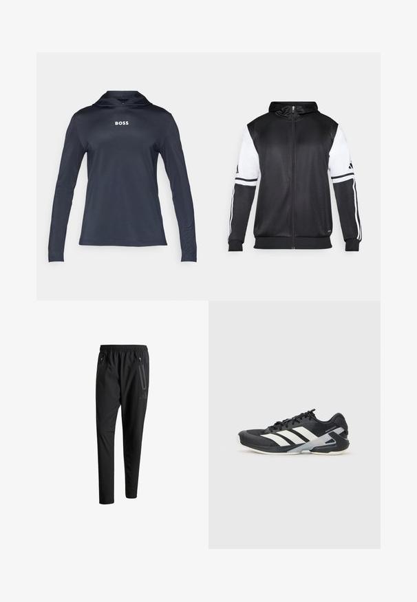 Melnā džemperis ar rāvējslēdzēju, ar baltām piedurknēm un trim baltām svītrām gar rokām. Izgatavots no gludas, vieglas auduma. Džempera dizains iekļauts.; Jūras spēku ilgas piedurknes kapuce, kas izgatavota no viegla, gluda materiāla. Tam ir aukla kapuce un uz krūtīm baltā krāsā ir drukāts vārds "BOSS".; Melni sporta bikses ar elastīgu vidukli, divām kabatām ar rāvējslēdzējiem sānos, sašaurinātām kājām un diskrētu logo detaļu uz gurniem.; Melnas sporta kurpes ar baltām svītrām, acs augšdaļa, noapaļots pirksts un mīksts zole. Iespējams ar teksturētu papēdi un drošu šņoru sistēmu.