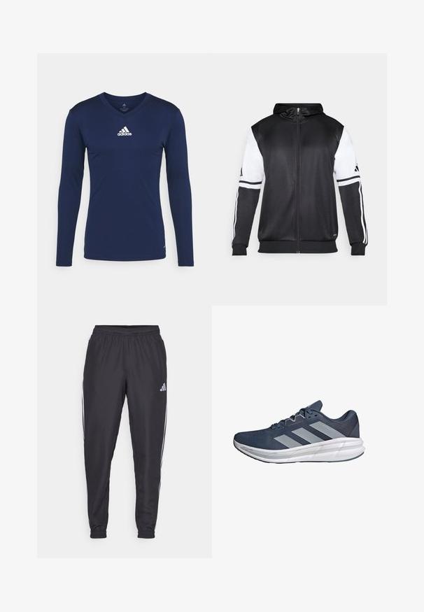 Crna dukserica s patentnim zatvaračem koja ima bijele rukave i tri bijele pruge duž ruku. Napravljena od glatkog, laganog materijala. Uključeni dizajn kapuljače.; Mornarica dugih rukava sportska majica od teksturiranog materijala s V izrezom i bijelim Adidas logotipom na prsima. Jednostavan dizajn, prilagođen kroj.; Crne sportske hlače s elastičnom gumicom u struku, s bijelim prugama uz bokove i malim logotipom na kuku. Glatka tekstura.; adidas Performance QUESTAR - Tenisice za cestovno trčanje - preloved ink halo silver shadow navy