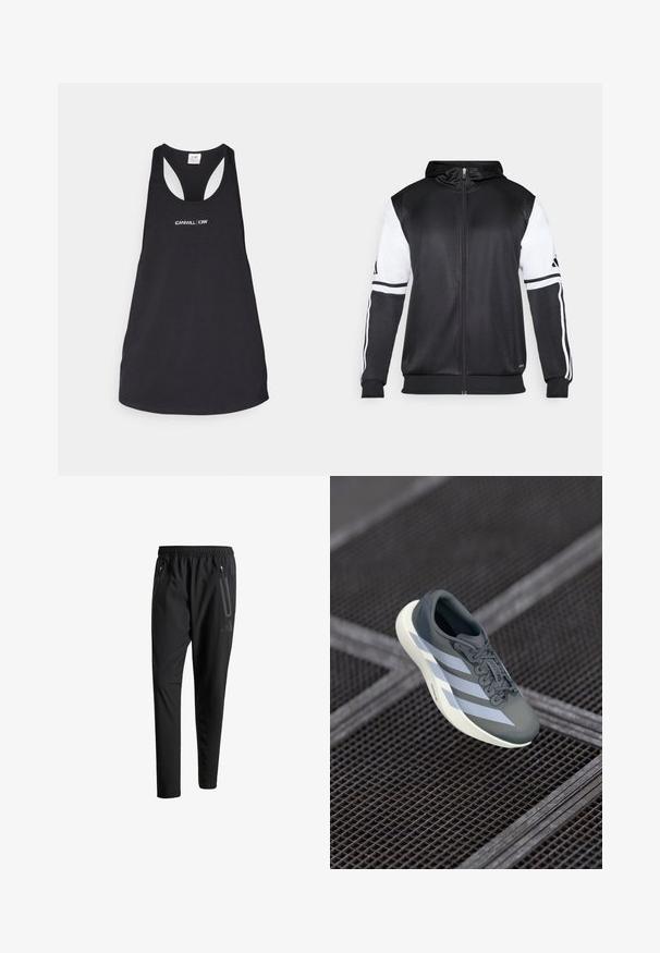 Fekete zipzáras kapucnis pulóver, fehér ujjakkal és három fehér csíkkal a karokon. Simább, könnyű anyagból készült. A kapucnis pulóver dizájnja is benne van.; Fekete, puha anyagból készült üzleti tank top, kerek nyakkivágással és racerback fazonnal, elöl fehér felirattal: "ICANIWILL | CIW".; Fekete sportos nadrág elasztikus derékpánttal, két cipzáras oldalt zsebbel, tapered lábakkal és diszkrét logóval a csípőn.; Szürke és fehér sportcipő, szintetikus anyagból, áramvonalas kialakítással, texturált felülettel és hangsúlyos fűzőrendszerrel.